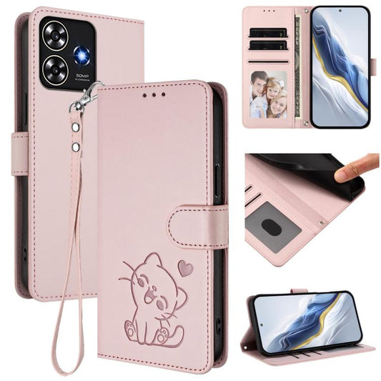 Embossed Heart Cat Leather Phone Case with Hand Strap, For ZTE Blade A73 4G, For ZTE Blade V50 Vita, For ZTE Blade A53 / A53+, For ZTE Blade A53 Pro
