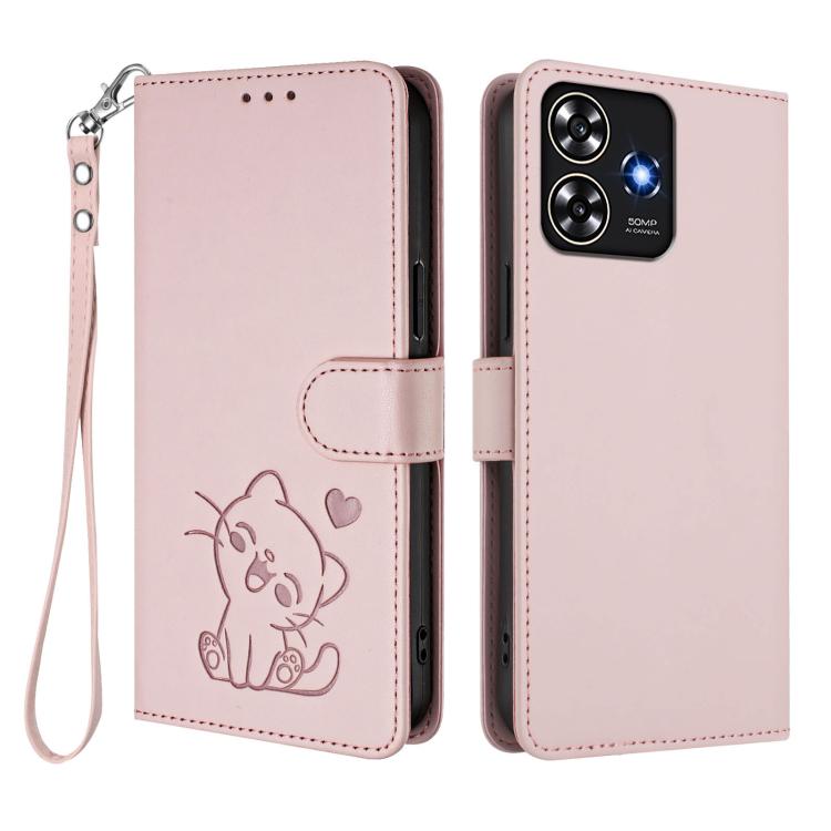Embossed Heart Cat Leather Phone Case with Hand Strap, For ZTE Blade A73 4G, For ZTE Blade V50 Vita, For ZTE Blade A53 / A53+, For ZTE Blade A53 Pro