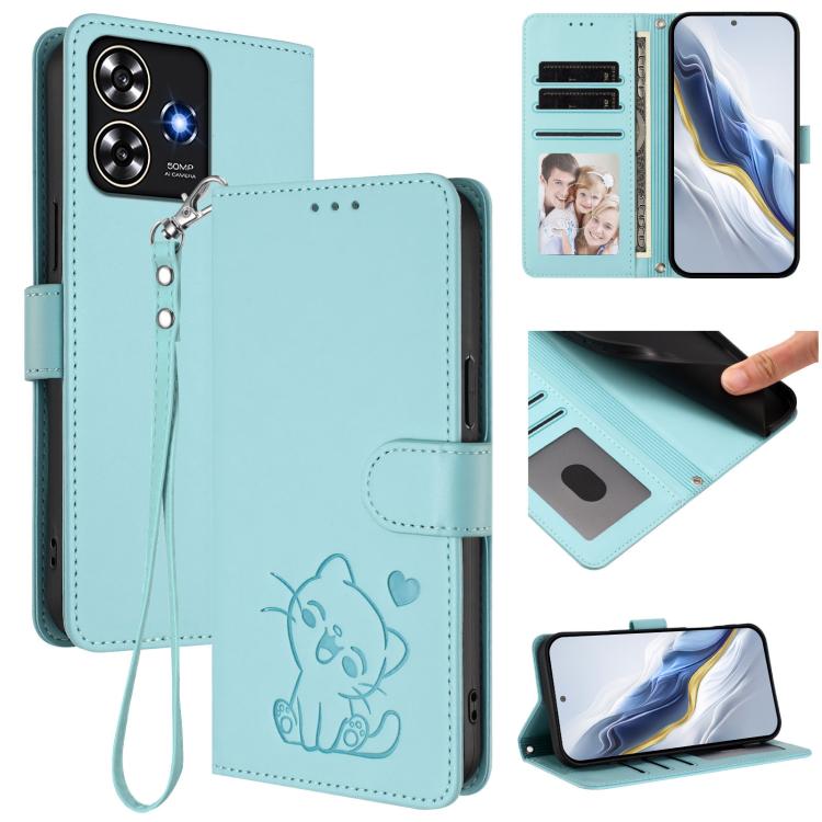 Embossed Heart Cat Leather Phone Case with Hand Strap, For ZTE Blade A73 4G, For ZTE Blade V50 Vita, For ZTE Blade A53 / A53+, For ZTE Blade A53 Pro