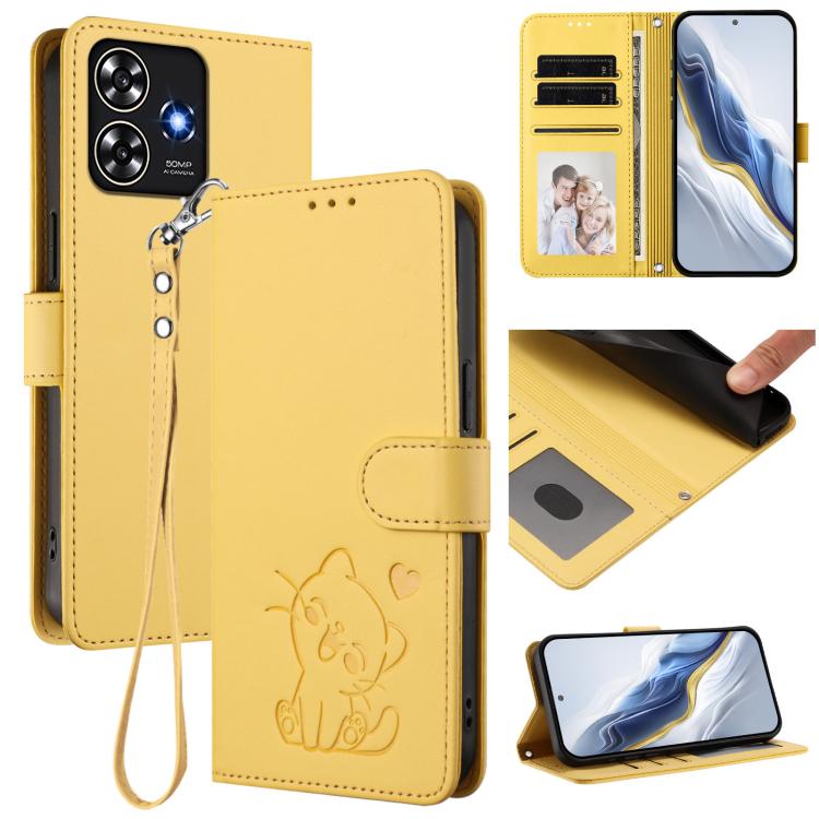 Embossed Heart Cat Leather Phone Case with Hand Strap, For ZTE Blade A73 4G, For ZTE Blade V50 Vita, For ZTE Blade A53 / A53+, For ZTE Blade A53 Pro
