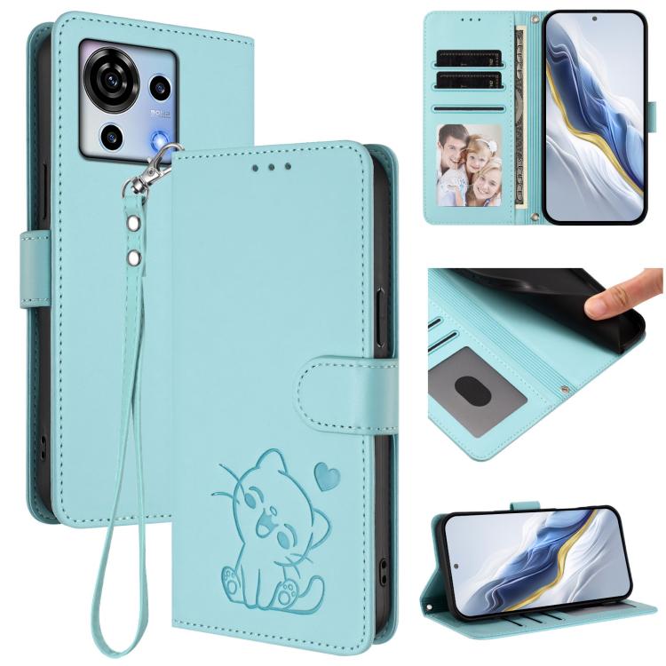 Embossed Heart Cat Leather Phone Case with Hand Strap, For ZTE Blade A73 4G, For ZTE Blade V50 Vita, For ZTE Blade A53 / A53+, For ZTE Blade A53 Pro
