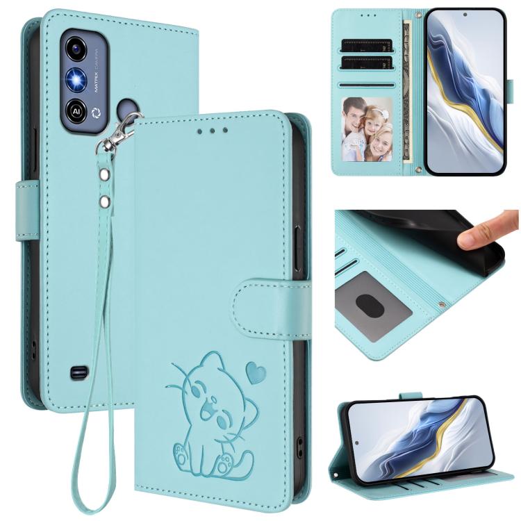 Embossed Heart Cat Leather Phone Case with Hand Strap, For ZTE Blade A73 4G, For ZTE Blade V50 Vita, For ZTE Blade A53 / A53+, For ZTE Blade A53 Pro