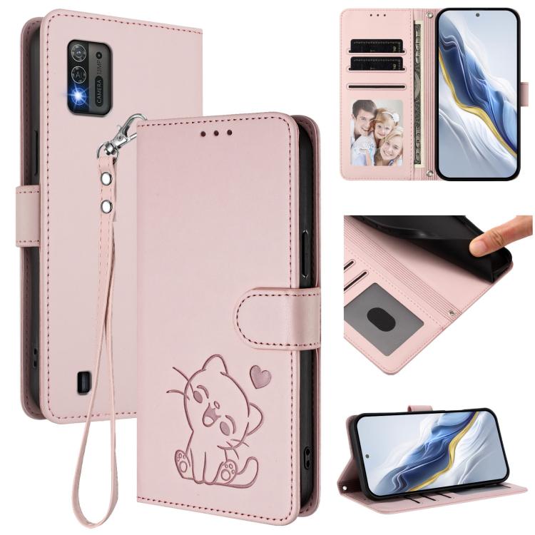 Embossed Heart Cat Leather Phone Case with Hand Strap, For ZTE Blade A52 Lite, For ZTE Blade V40s, For ZTE Blade A52