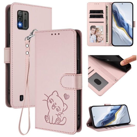 Embossed Heart Cat Leather Phone Case with Hand Strap, For ZTE Blade A52 Lite, For ZTE Blade V40s, For ZTE Blade A52