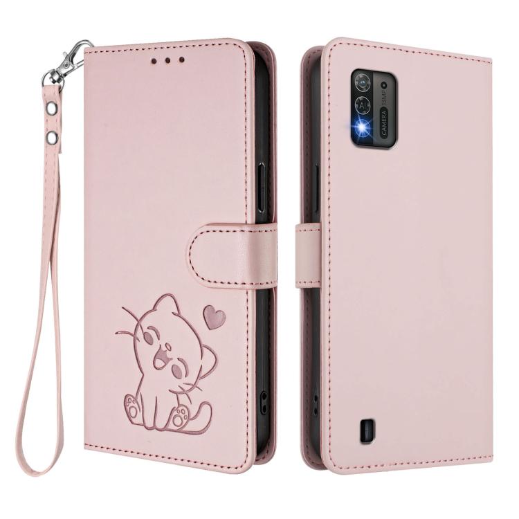 Embossed Heart Cat Leather Phone Case with Hand Strap, For ZTE Blade A52 Lite, For ZTE Blade V40s, For ZTE Blade A52