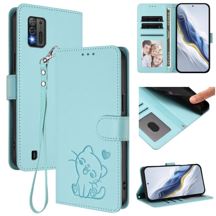 Embossed Heart Cat Leather Phone Case with Hand Strap, For ZTE Blade A52 Lite, For ZTE Blade V40s, For ZTE Blade A52