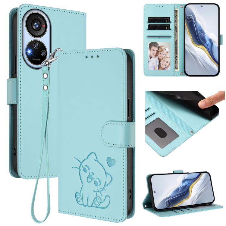Embossed Heart Cat Leather Phone Case with Hand Strap, For ZTE Blade A52 Lite, For ZTE Blade V40s, For ZTE Blade A52