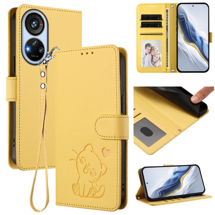 Embossed Heart Cat Leather Phone Case with Hand Strap, For ZTE Blade A52 Lite, For ZTE Blade V40s, For ZTE Blade A52