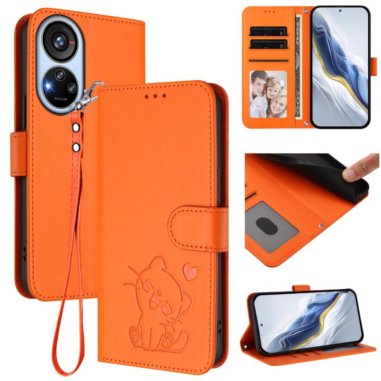 Embossed Heart Cat Leather Phone Case with Hand Strap, For ZTE Blade A52 Lite, For ZTE Blade V40s, For ZTE Blade A52
