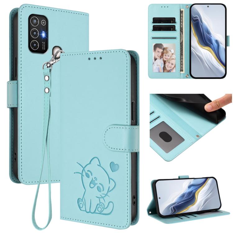 Embossed Heart Cat Leather Phone Case with Hand Strap, For ZTE Blade A52 Lite, For ZTE Blade V40s, For ZTE Blade A52