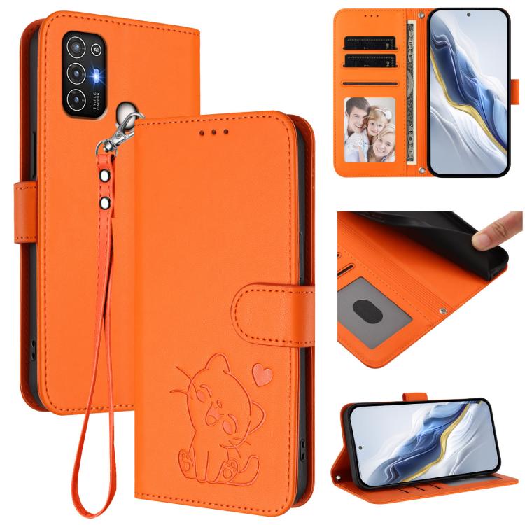 Embossed Heart Cat Leather Phone Case with Hand Strap, For ZTE Blade A52 Lite, For ZTE Blade V40s, For ZTE Blade A52