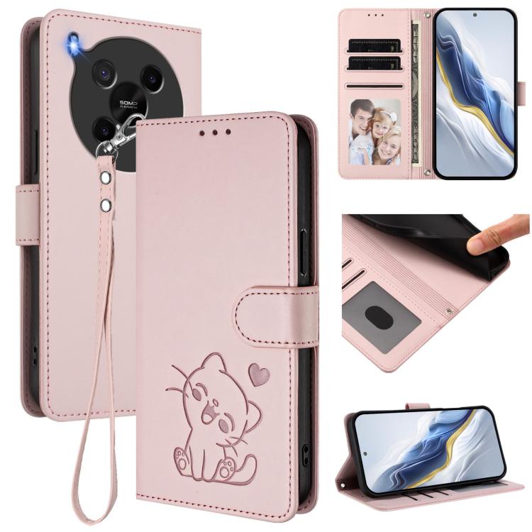 Embossed Heart Cat Leather Phone Case with Hand Strap, For ZTE Blade V70 Max, For ZTE nubia Z70 Ultra, For ZTE Blade A35 Lite / A35 Core, For ZTE Blade V70
