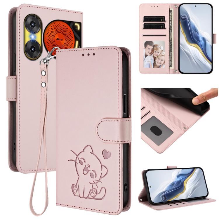 Embossed Heart Cat Leather Phone Case with Hand Strap, For ZTE nubia Neo 3 GT 5G, For ZTE nubia Music 2, For ZTE nubia S 5G A403ZT, For ZTE Blade V70 Vita / nubia V70 Design