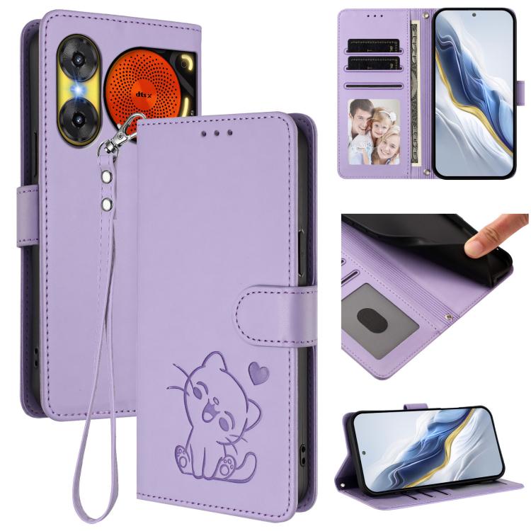 Embossed Heart Cat Leather Phone Case with Hand Strap, For ZTE nubia Neo 3 GT 5G, For ZTE nubia Music 2, For ZTE nubia S 5G A403ZT, For ZTE Blade V70 Vita / nubia V70 Design