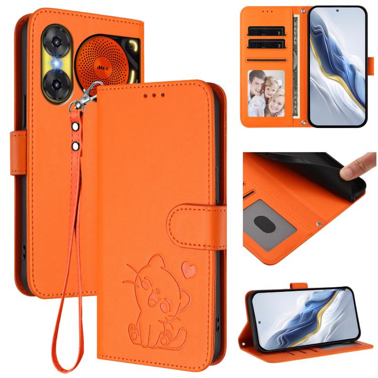 Embossed Heart Cat Leather Phone Case with Hand Strap, For ZTE nubia Neo 3 GT 5G, For ZTE nubia Music 2, For ZTE nubia S 5G A403ZT, For ZTE Blade V70 Vita / nubia V70 Design