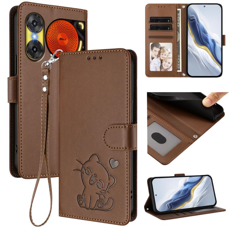 Embossed Heart Cat Leather Phone Case with Hand Strap, For ZTE nubia Neo 3 GT 5G, For ZTE nubia Music 2, For ZTE nubia S 5G A403ZT, For ZTE Blade V70 Vita / nubia V70 Design