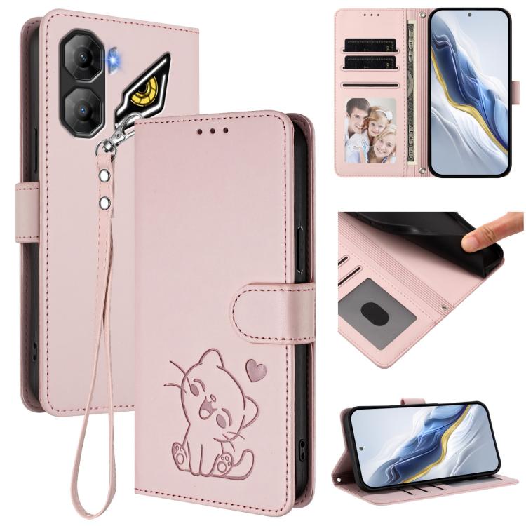 Embossed Heart Cat Leather Phone Case with Hand Strap, For ZTE Blade A76 5G, For ZTE Blade A36 4G, For ZTE Blade A56 4G, For ZTE nubia Neo 3