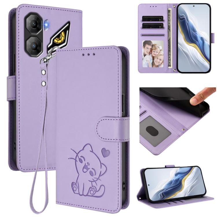 Embossed Heart Cat Leather Phone Case with Hand Strap, For ZTE Blade A76 5G, For ZTE Blade A36 4G, For ZTE Blade A56 4G, For ZTE nubia Neo 3