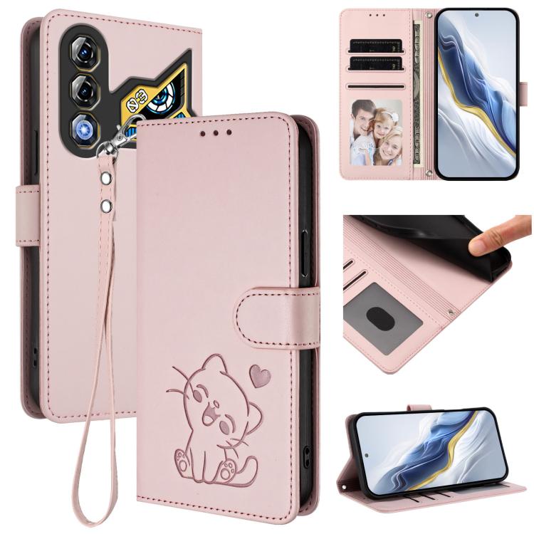 Embossed Heart Cat Leather Phone Case with Hand Strap, For ZTE nubia Neo 3 GT 5G, For ZTE nubia Music 2, For ZTE nubia S 5G A403ZT, For ZTE Blade V70 Vita / nubia V70 Design