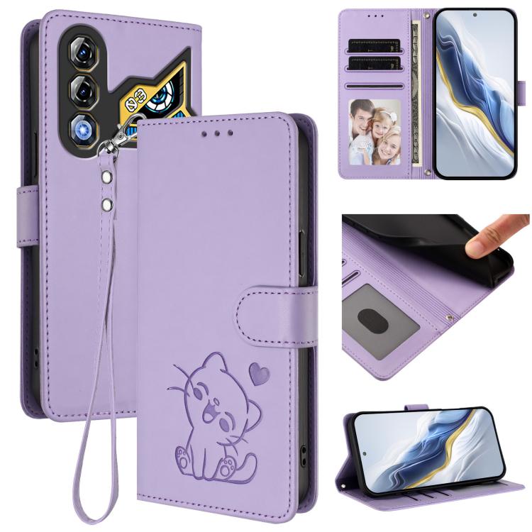 Embossed Heart Cat Leather Phone Case with Hand Strap, For ZTE nubia Neo 3 GT 5G, For ZTE nubia Music 2, For ZTE nubia S 5G A403ZT, For ZTE Blade V70 Vita / nubia V70 Design