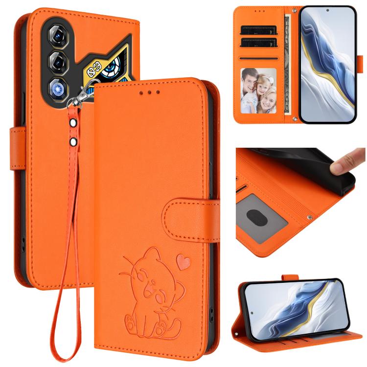 Embossed Heart Cat Leather Phone Case with Hand Strap, For ZTE nubia Neo 3 GT 5G, For ZTE nubia Music 2, For ZTE nubia S 5G A403ZT, For ZTE Blade V70 Vita / nubia V70 Design