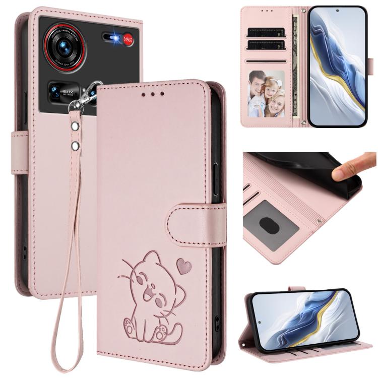 Embossed Heart Cat Leather Phone Case with Hand Strap, For ZTE Blade V70 Max, For ZTE nubia Z70 Ultra, For ZTE Blade A35 Lite / A35 Core, For ZTE Blade V70