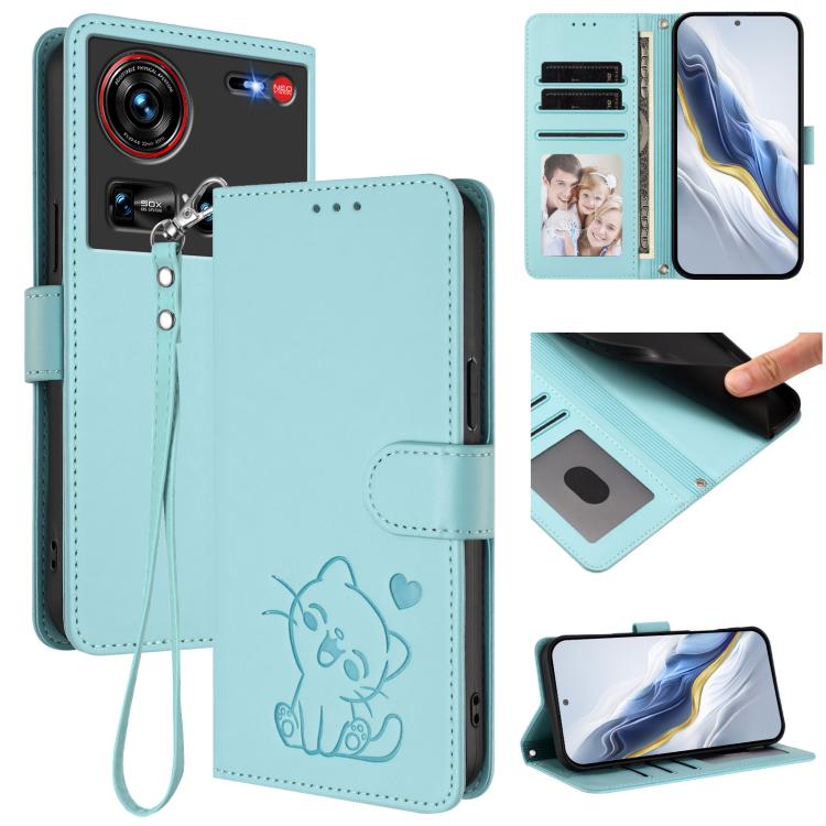 Embossed Heart Cat Leather Phone Case with Hand Strap, For ZTE Blade V70 Max, For ZTE nubia Z70 Ultra, For ZTE Blade A35 Lite / A35 Core, For ZTE Blade V70