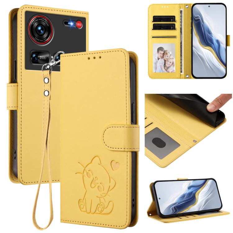 Embossed Heart Cat Leather Phone Case with Hand Strap, For ZTE Blade V70 Max, For ZTE nubia Z70 Ultra, For ZTE Blade A35 Lite / A35 Core, For ZTE Blade V70