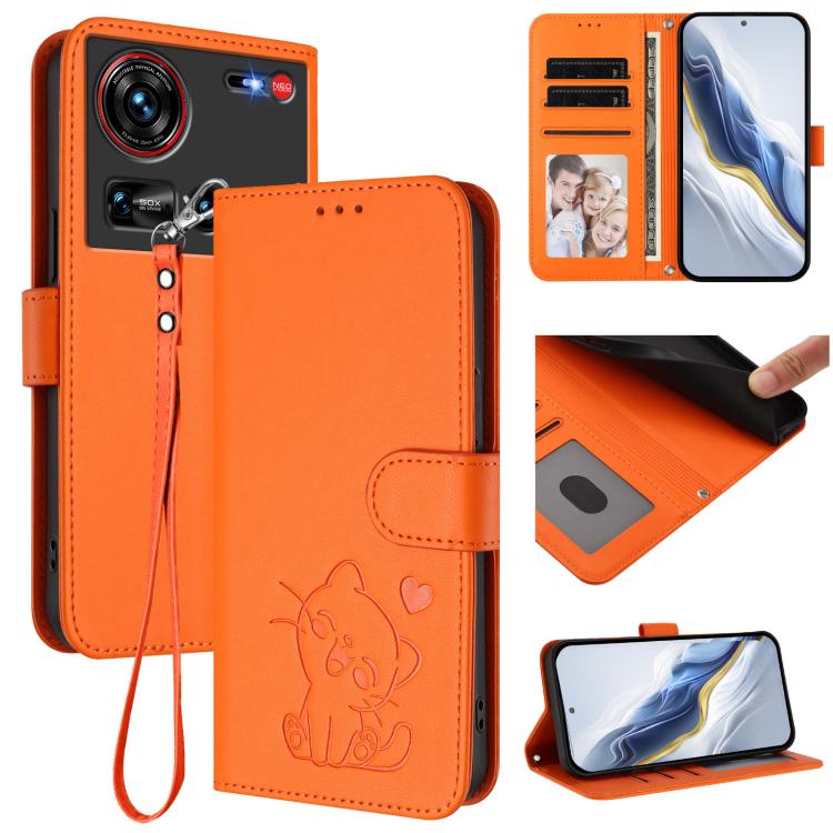 Embossed Heart Cat Leather Phone Case with Hand Strap, For ZTE Blade V70 Max, For ZTE nubia Z70 Ultra, For ZTE Blade A35 Lite / A35 Core, For ZTE Blade V70