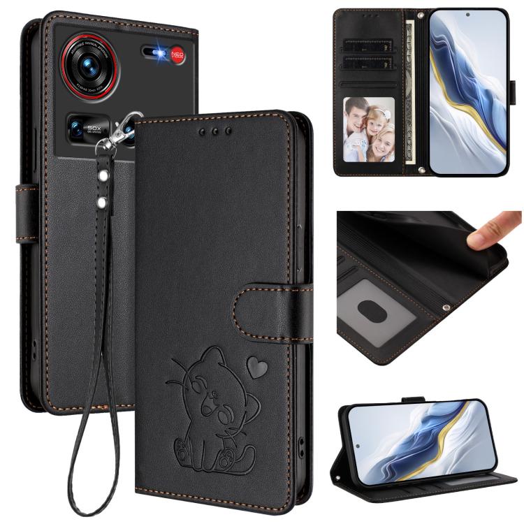 Embossed Heart Cat Leather Phone Case with Hand Strap, For ZTE Blade V70 Max, For ZTE nubia Z70 Ultra, For ZTE Blade A35 Lite / A35 Core, For ZTE Blade V70
