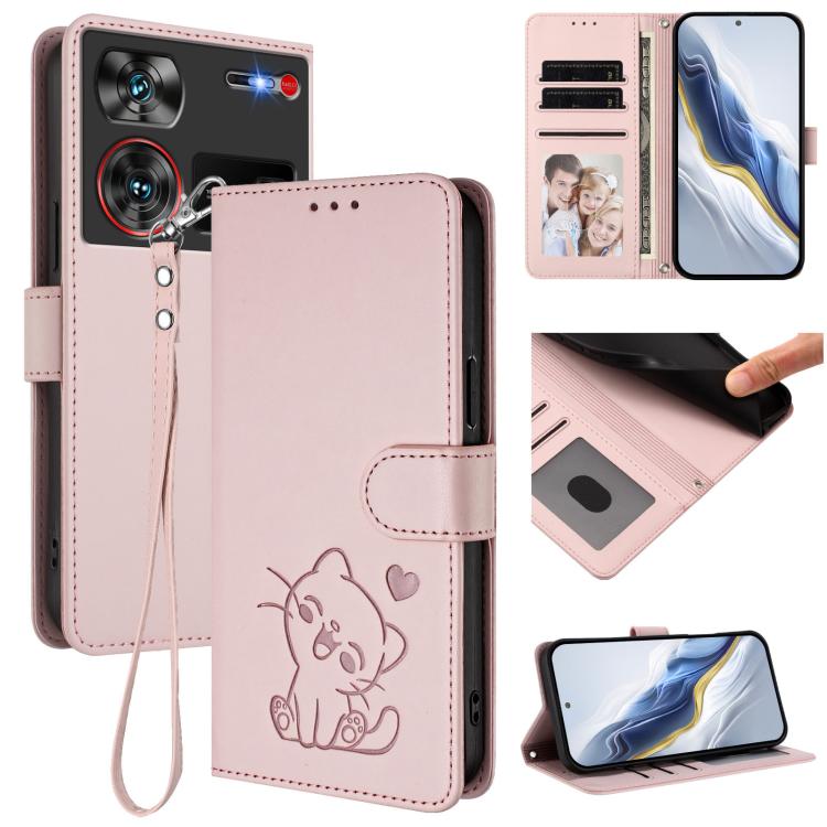 Embossed Heart Cat Leather Phone Case with Hand Strap, For ZTE Blade A35 / A55, For ZTE nubia Focus Pro 5G, For ZTE nubia Z60 Ultra, For ZTE Blade A73 5G