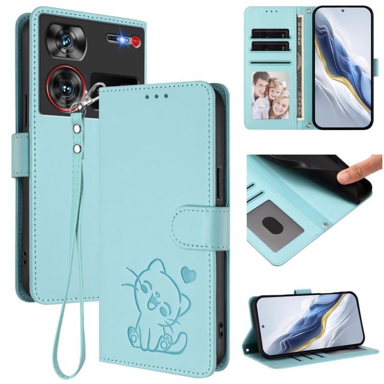Embossed Heart Cat Leather Phone Case with Hand Strap, For ZTE Blade A35 / A55, For ZTE nubia Focus Pro 5G, For ZTE nubia Z60 Ultra, For ZTE Blade A73 5G