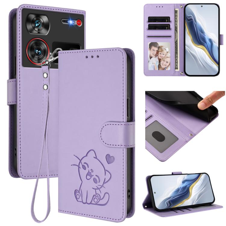 Embossed Heart Cat Leather Phone Case with Hand Strap, For ZTE Blade A35 / A55, For ZTE nubia Focus Pro 5G, For ZTE nubia Z60 Ultra, For ZTE Blade A73 5G
