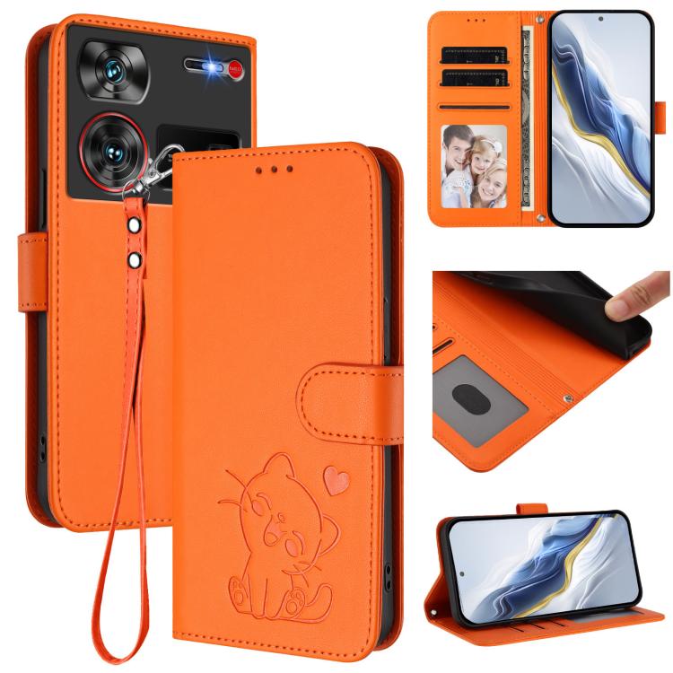 Embossed Heart Cat Leather Phone Case with Hand Strap, For ZTE Blade A35 / A55, For ZTE nubia Focus Pro 5G, For ZTE nubia Z60 Ultra, For ZTE Blade A73 5G