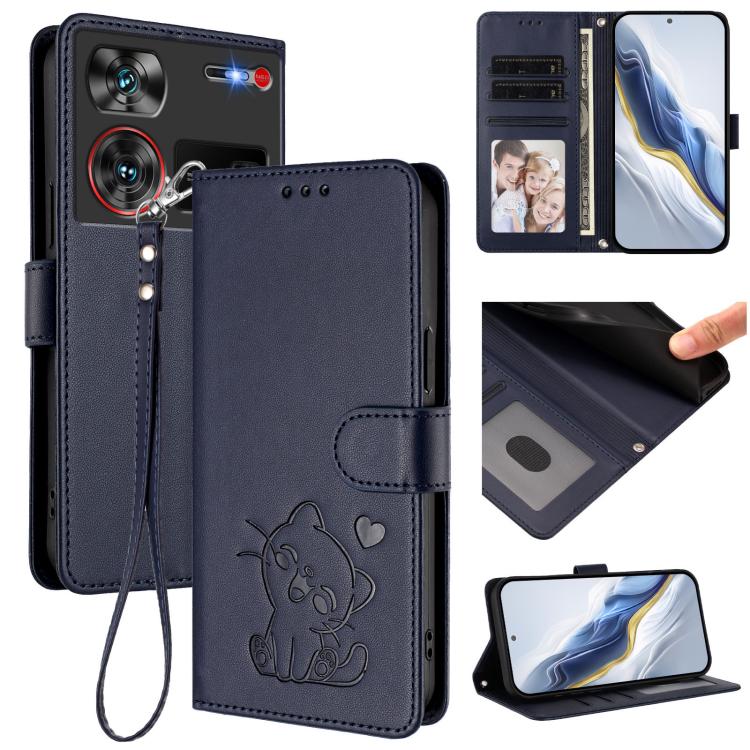 Embossed Heart Cat Leather Phone Case with Hand Strap, For ZTE Blade A35 / A55, For ZTE nubia Focus Pro 5G, For ZTE nubia Z60 Ultra, For ZTE Blade A73 5G
