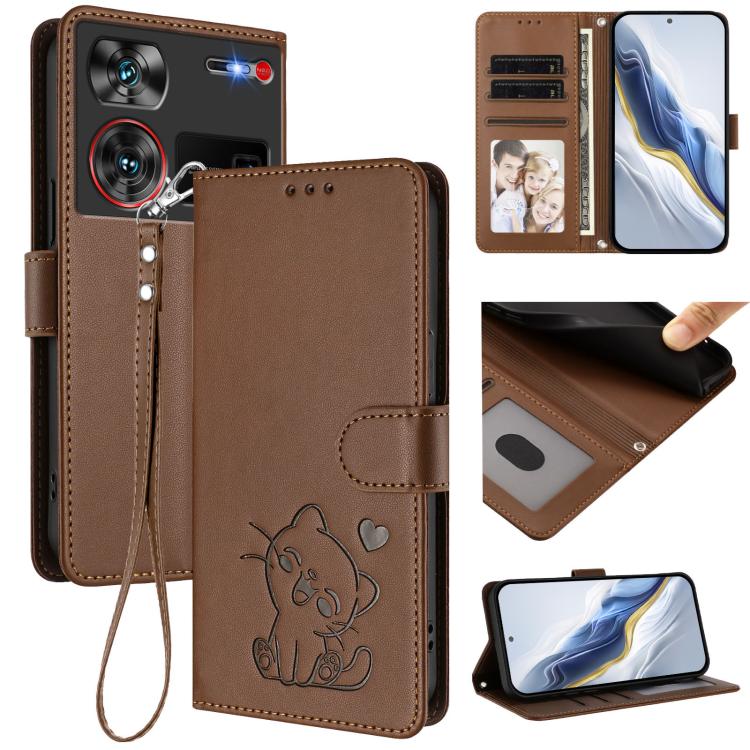 Embossed Heart Cat Leather Phone Case with Hand Strap, For ZTE Blade A35 / A55, For ZTE nubia Focus Pro 5G, For ZTE nubia Z60 Ultra, For ZTE Blade A73 5G