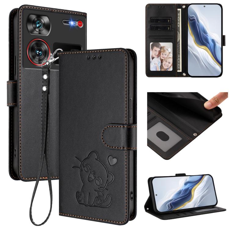 Embossed Heart Cat Leather Phone Case with Hand Strap, For ZTE Blade A35 / A55, For ZTE nubia Focus Pro 5G, For ZTE nubia Z60 Ultra, For ZTE Blade A73 5G