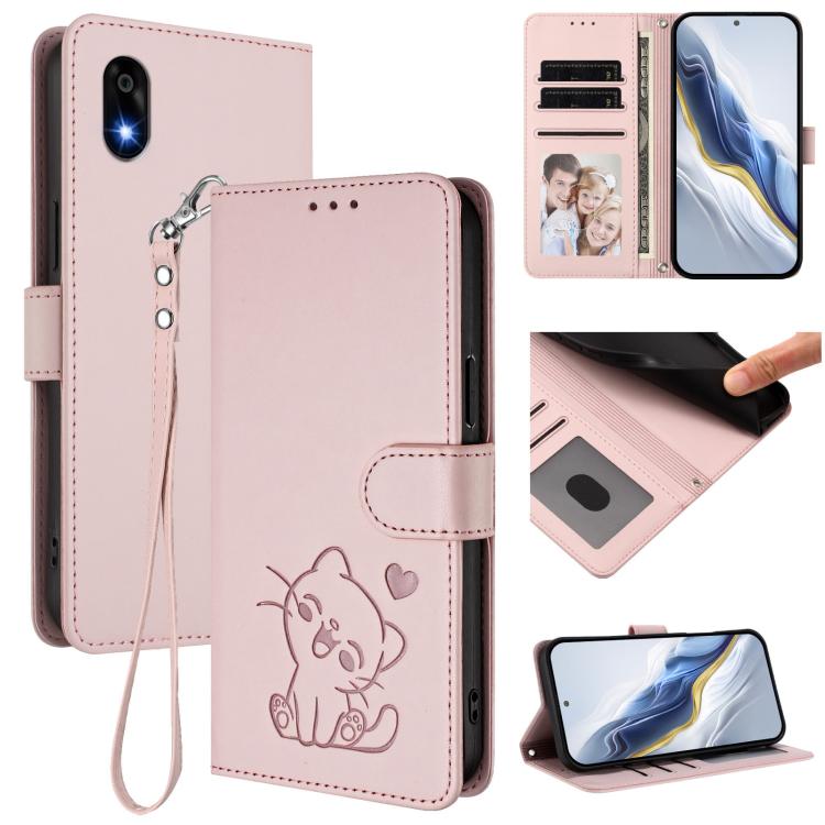 Embossed Heart Cat Leather Phone Case with Hand Strap, For ZTE nubia RedMagic 10 Air, For ZTE Kantan Sumaho 4 A402ZT, For ZTE Blade V60 4G / Axon 60 4G, For ZTE Blade A35e