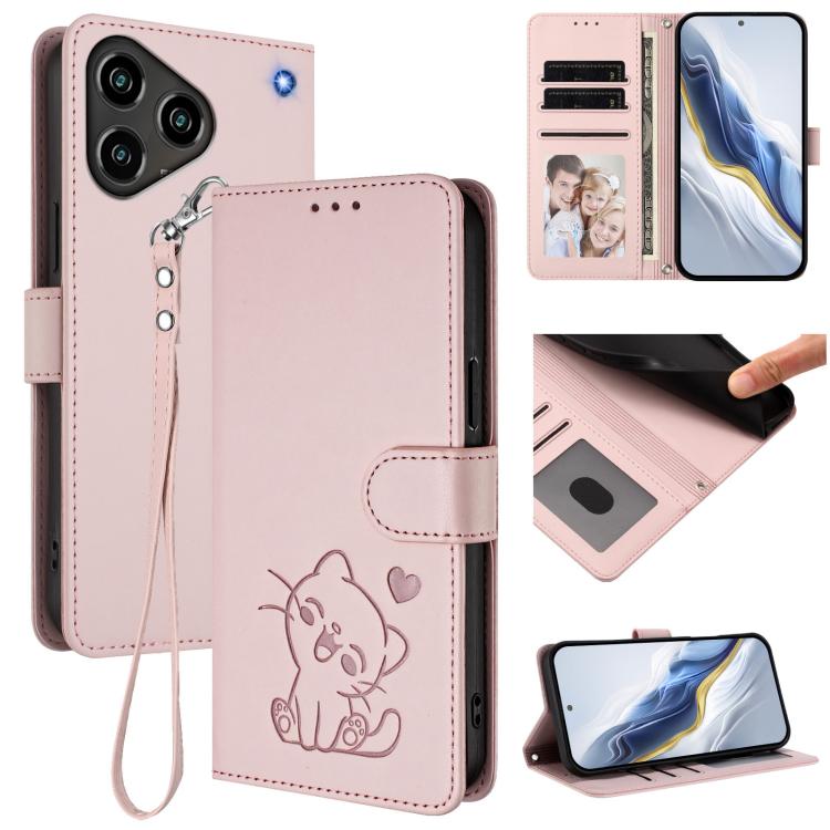 Embossed Heart Cat Leather Phone Case with Hand Strap, For ZTE nubia RedMagic 11 Air, For ZTE Blade A75 Pro / Telstra T-Elite 5G, For ZTE Blade A76 4G, For ZTE Blade A56 Pro