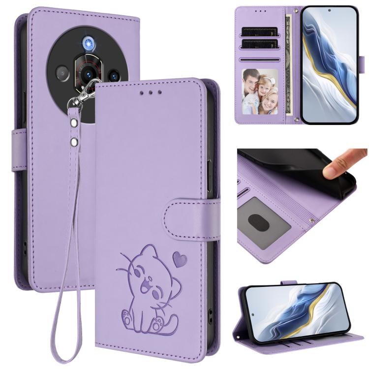 Embossed Heart Cat Leather Phone Case with Hand Strap, For ZTE Blade A35 / A55, For ZTE nubia Focus Pro 5G, For ZTE nubia Z60 Ultra, For ZTE Blade A73 5G
