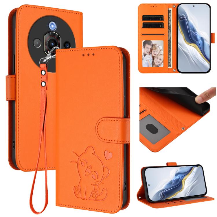 Embossed Heart Cat Leather Phone Case with Hand Strap, For ZTE Blade A35 / A55, For ZTE nubia Focus Pro 5G, For ZTE nubia Z60 Ultra, For ZTE Blade A73 5G