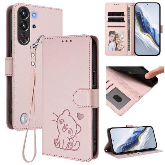 Embossed Heart Cat Leather Phone Case with Hand Strap, For ZTE nubia RedMagic 10 Pro, For ZTE Blade V60 Vita / V60 Design, For ZTE Blade A75 5G / nubia Focus 5G, For ZTE Blade A75 4G
