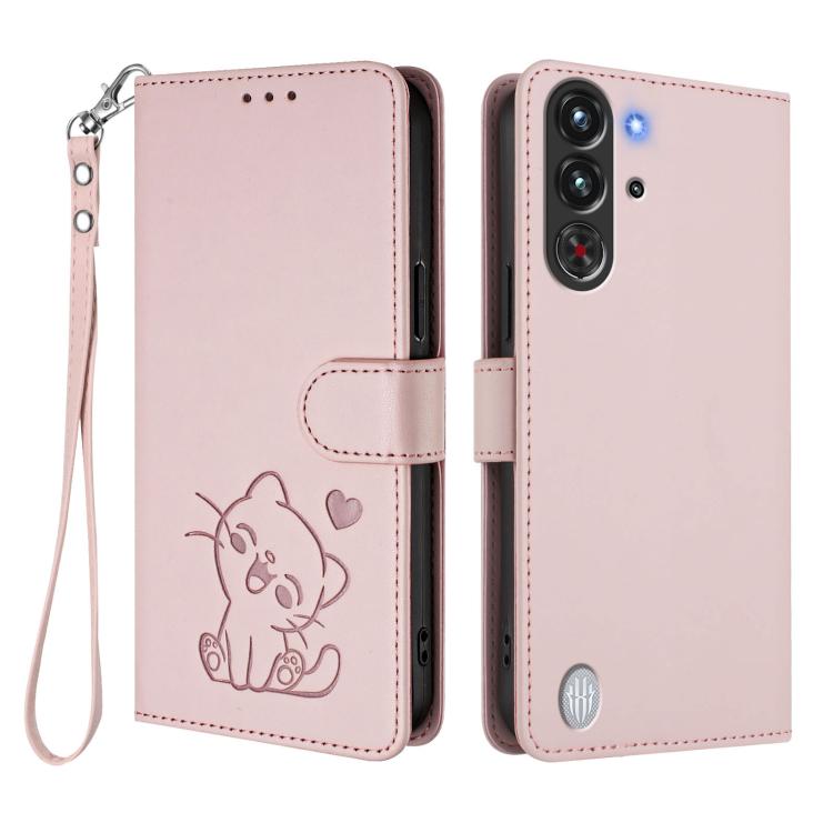 Embossed Heart Cat Leather Phone Case with Hand Strap, For ZTE nubia RedMagic 10 Pro, For ZTE Blade V60 Vita / V60 Design, For ZTE Blade A75 5G / nubia Focus 5G, For ZTE Blade A75 4G
