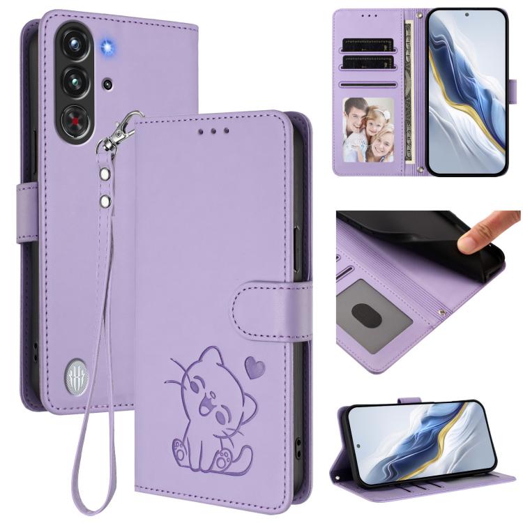 Embossed Heart Cat Leather Phone Case with Hand Strap, For ZTE nubia RedMagic 10 Pro, For ZTE Blade V60 Vita / V60 Design, For ZTE Blade A75 5G / nubia Focus 5G, For ZTE Blade A75 4G