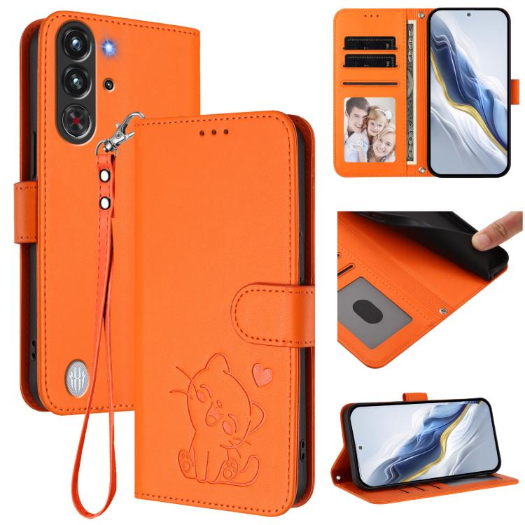 Embossed Heart Cat Leather Phone Case with Hand Strap, For ZTE nubia RedMagic 10 Pro, For ZTE Blade V60 Vita / V60 Design, For ZTE Blade A75 5G / nubia Focus 5G, For ZTE Blade A75 4G