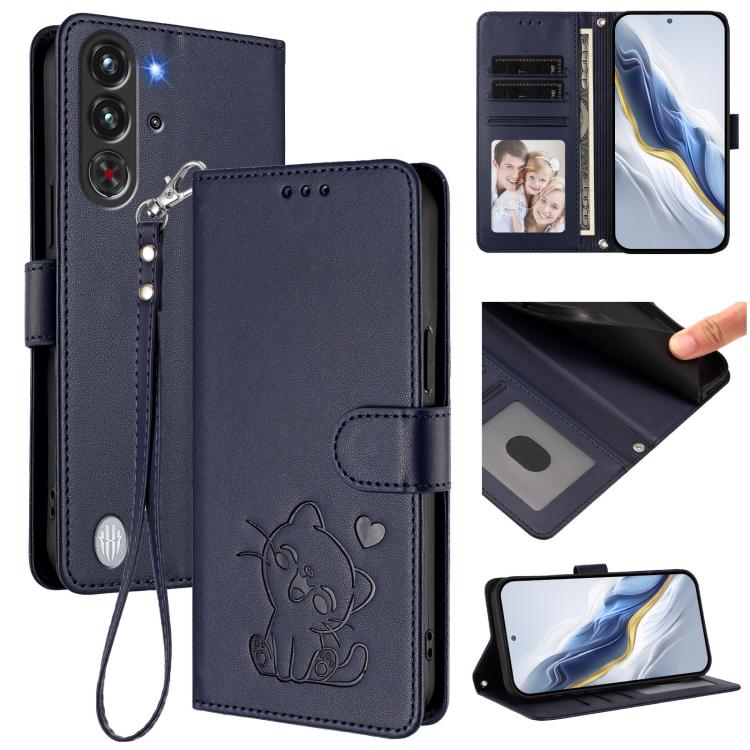 Embossed Heart Cat Leather Phone Case with Hand Strap, For ZTE nubia RedMagic 10 Pro, For ZTE Blade V60 Vita / V60 Design, For ZTE Blade A75 5G / nubia Focus 5G, For ZTE Blade A75 4G