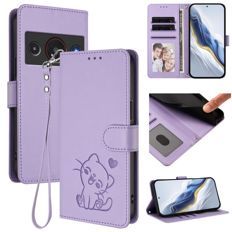 Embossed Heart Cat Leather Phone Case with Hand Strap, For ZTE nubia RedMagic 11 Air, For ZTE Blade A75 Pro / Telstra T-Elite 5G, For ZTE Blade A76 4G, For ZTE Blade A56 Pro