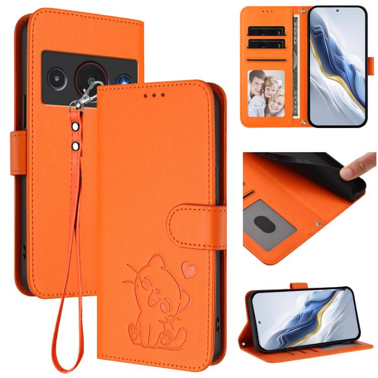 Embossed Heart Cat Leather Phone Case with Hand Strap, For ZTE nubia RedMagic 11 Air, For ZTE Blade A75 Pro / Telstra T-Elite 5G, For ZTE Blade A76 4G, For ZTE Blade A56 Pro