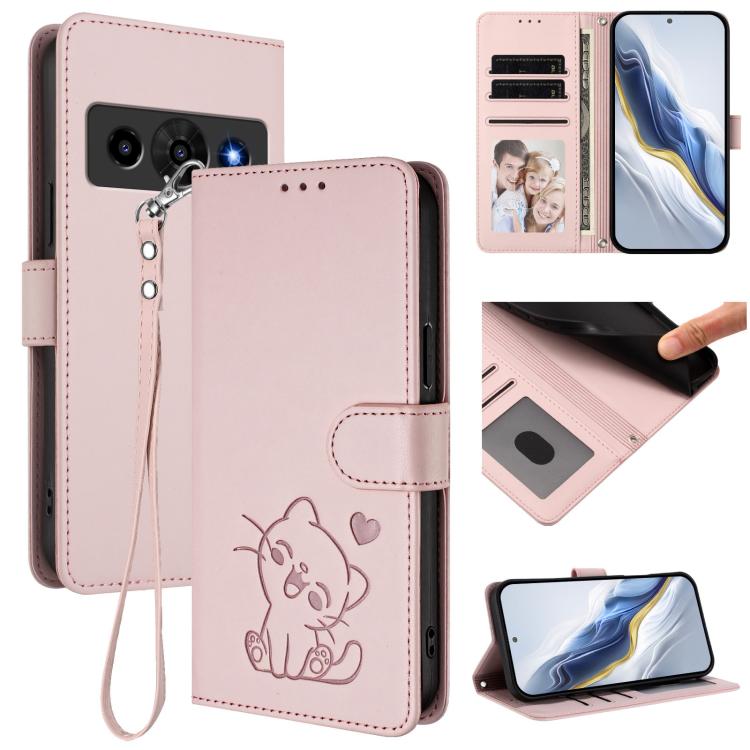 Embossed Heart Cat Leather Phone Case with Hand Strap, For ZTE nubia Neo 5 5G, For ZTE nubia Neo 5 GT 5G, For ZTE nubia P7 Pro 5G / Optus X Value 5G, For ZTE nubia P9 Pro 5G / Optus X Pro 2 5G