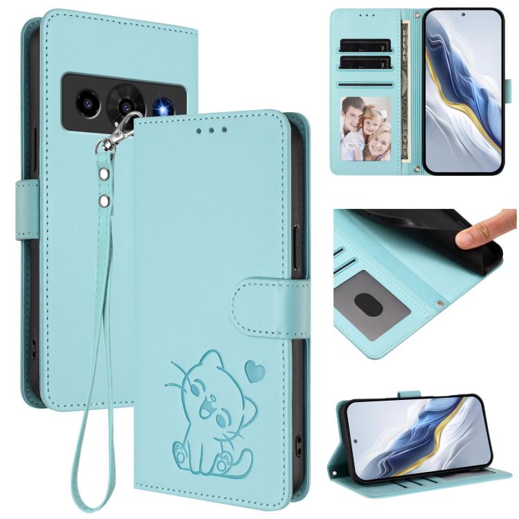 Embossed Heart Cat Leather Phone Case with Hand Strap, For ZTE nubia Neo 5 5G, For ZTE nubia Neo 5 GT 5G, For ZTE nubia P7 Pro 5G / Optus X Value 5G, For ZTE nubia P9 Pro 5G / Optus X Pro 2 5G